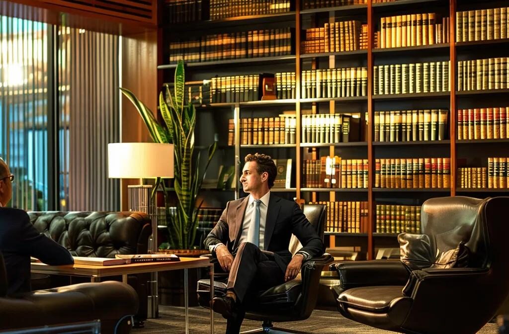 a sleek, modern las vegas office filled with law books and legal documents, showcasing a confident estate lawyer engaged in a spirited discussion with a client, illuminated by warm, inviting lighting to reflect trust and professionalism in legal representation.