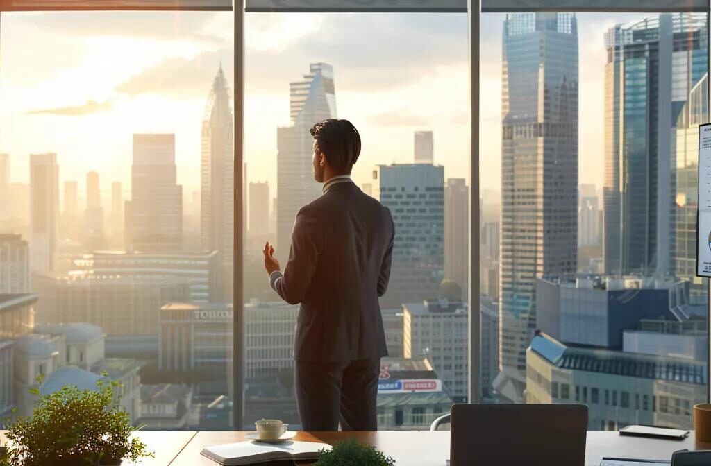 a sleek, modern office interior featuring a confident business professional presenting a clear visual representation of s corporation benefits, with charts and documents highlighting pass-through taxation strategies against a backdrop of a bustling city skyline.